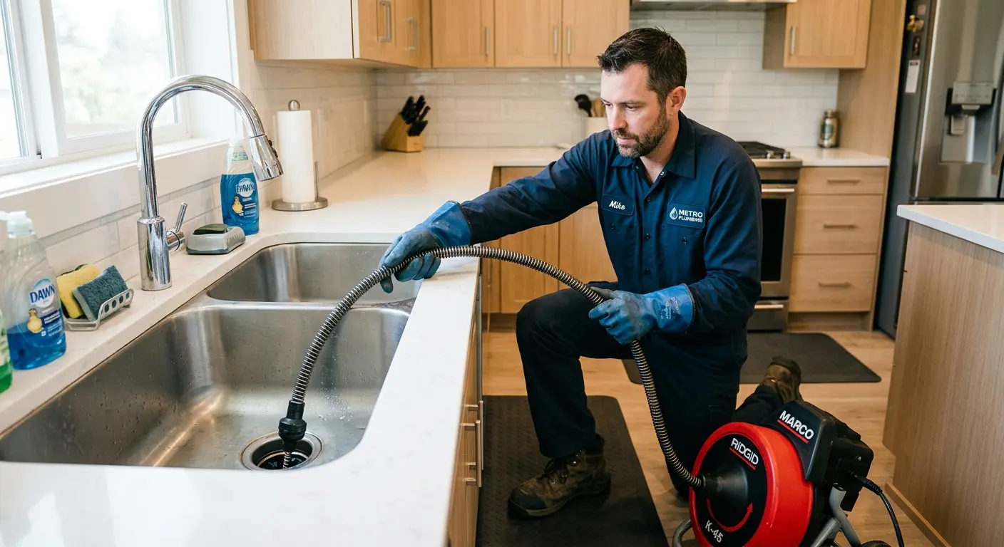 Drain cleaning technician using a motorized snake on a kitchen sink in Brent