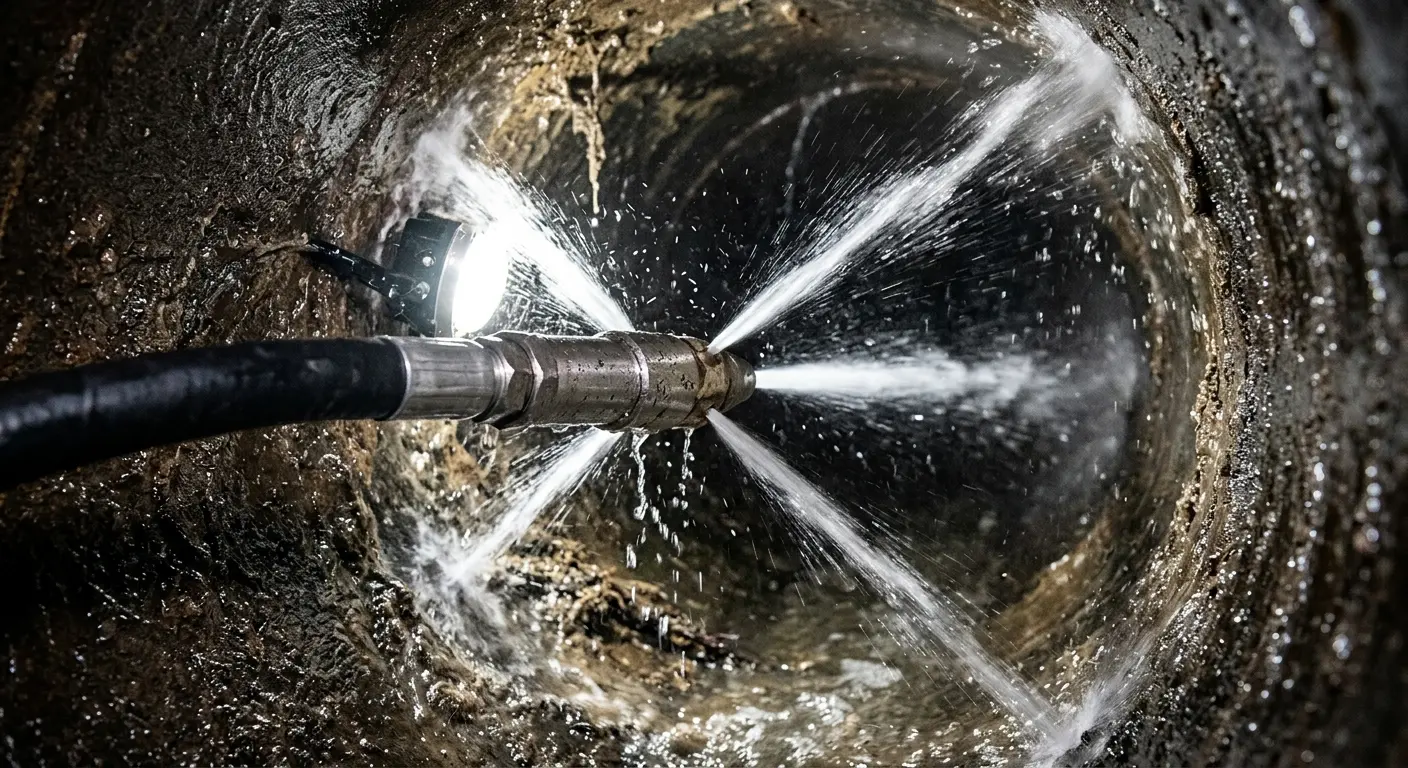 High-pressure hydro jetting nozzle cleaning sewer pipe for Sewer Cleanout in Brent