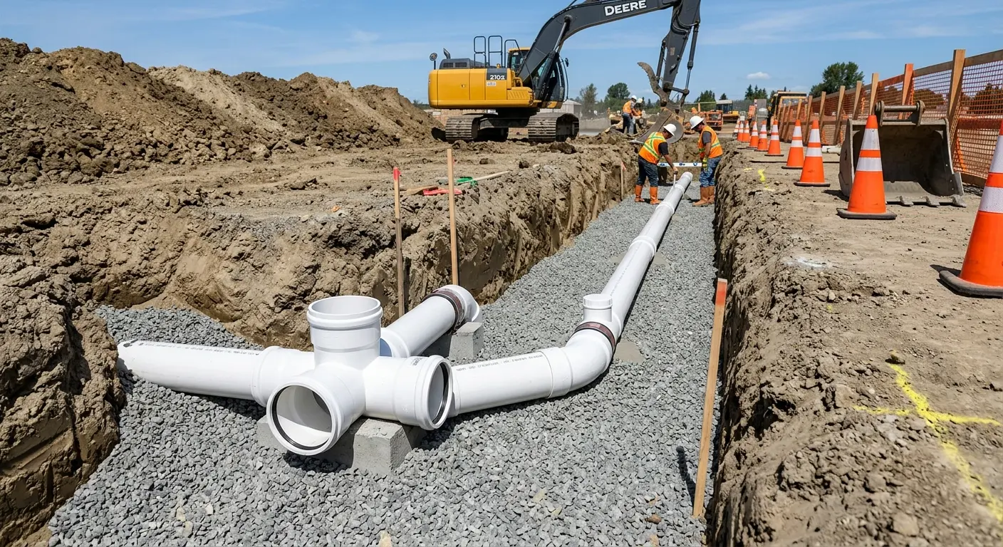 New PVC sewer pipe installation in open trench for Sewer Backup in Brent