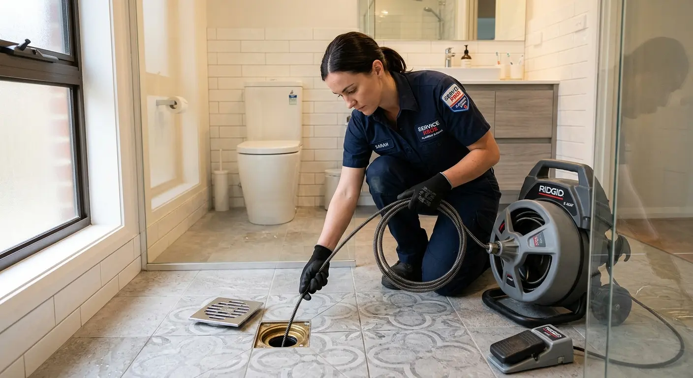Technician clearing a bathroom floor drain for Hydro Jetting in Brent